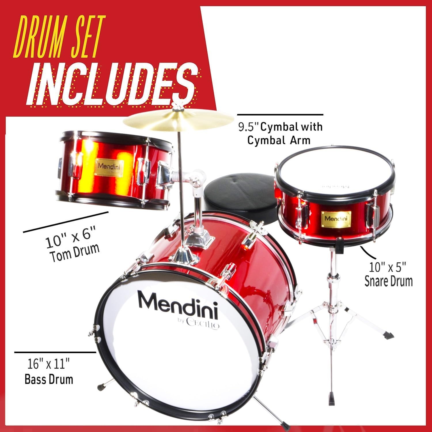 image:imageMendini By Cecilio 16 Inch Drum Set 3Piece Junior Drum Set Metallic RedMetallic Red
