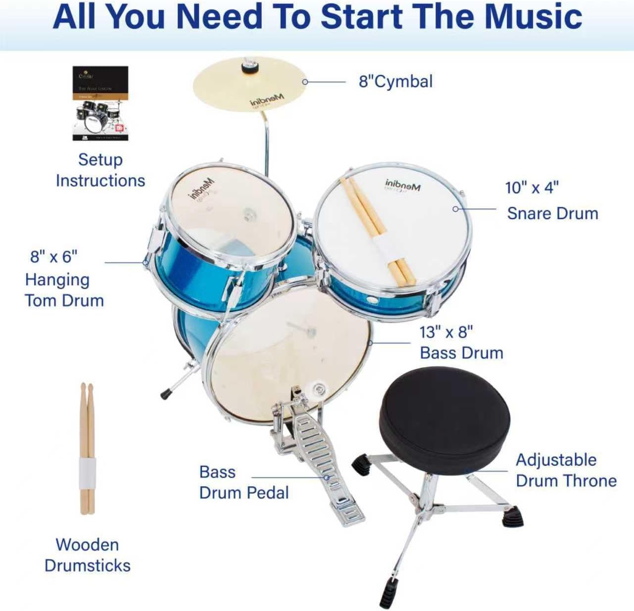 image:imageMendini By Cecilio 16 Inch Drum Set 3Piece Junior Drum Set Metallic RedSky Blue