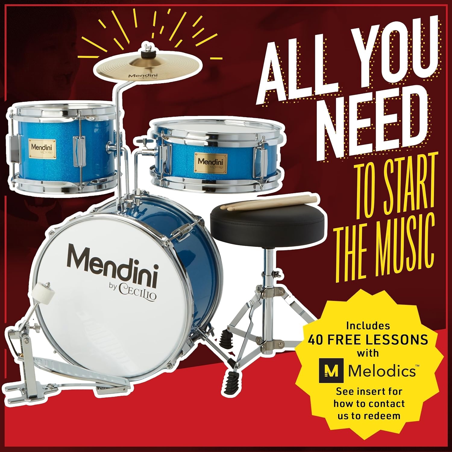 image:imageMendini By Cecilio 16 Inch Drum Set 3Piece Junior Drum Set Metallic RedSky Blue