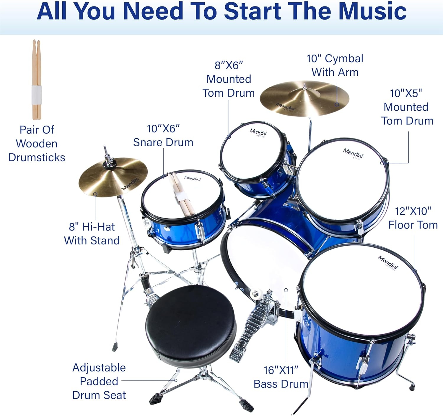image:imageMendini by Cecilio 5 Piece 16 Inch Junior Drums Set Metallic SilverMetallic Blue