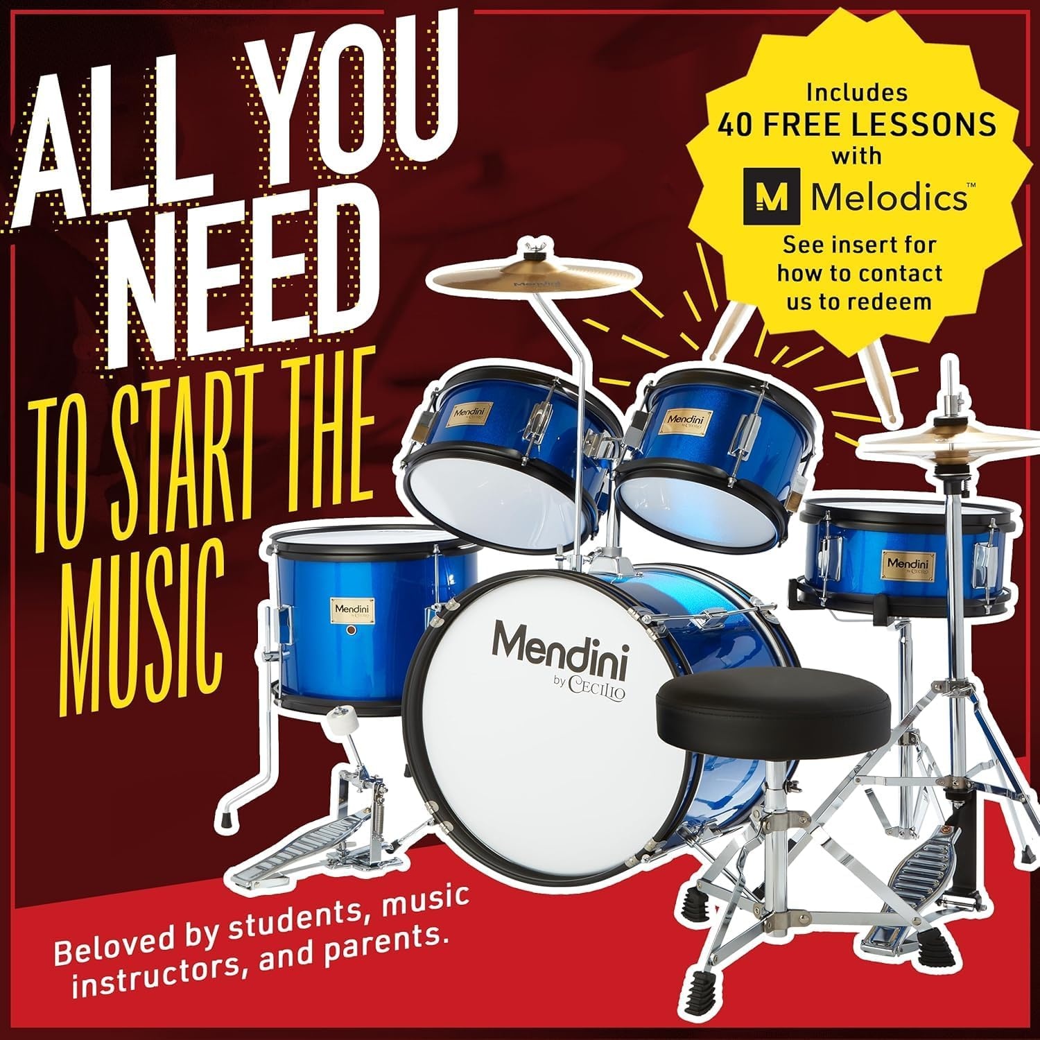 image:imageMendini by Cecilio 5 Piece 16 Inch Junior Drums Set Metallic SilverMetallic Blue