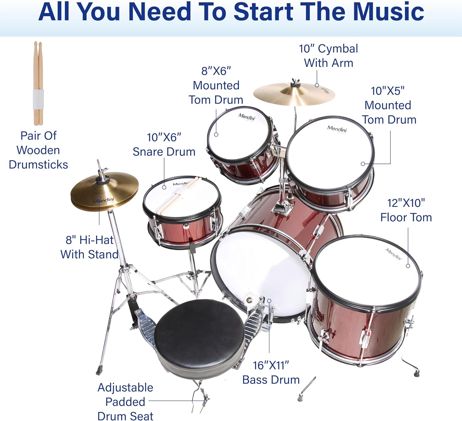 image:imageMendini by Cecilio 5 Piece 16 Inch Junior Drums Set Metallic SilverMetallic Red Wine