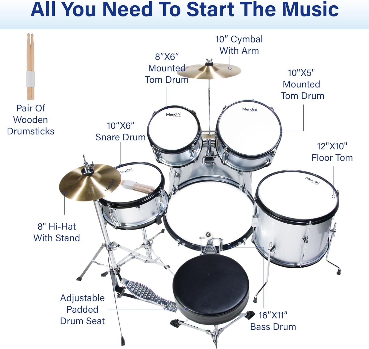 image:imageMendini by Cecilio 5 Piece 16 Inch Junior Drums Set Metallic SilverSilver