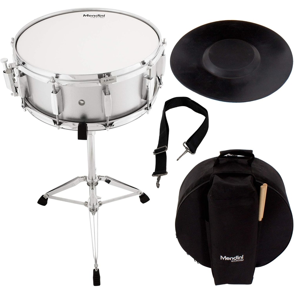 image:imageMendini by Cecilio 14 x 55 inches Snare Drum Set Marching School Band Student Beginner Practice Snare Drum With Gig Bag Sticks Stand and Practice Pad Kit SilverSilver