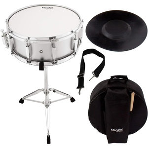 Mendini by Cecilio 14 x 5.5 inches Snare Drum Set, Marching School Band Student Beginner Practice Snare Drum With Gig Bag, Sticks, Stand and Practice Pad Kit (Silver)(Silver)