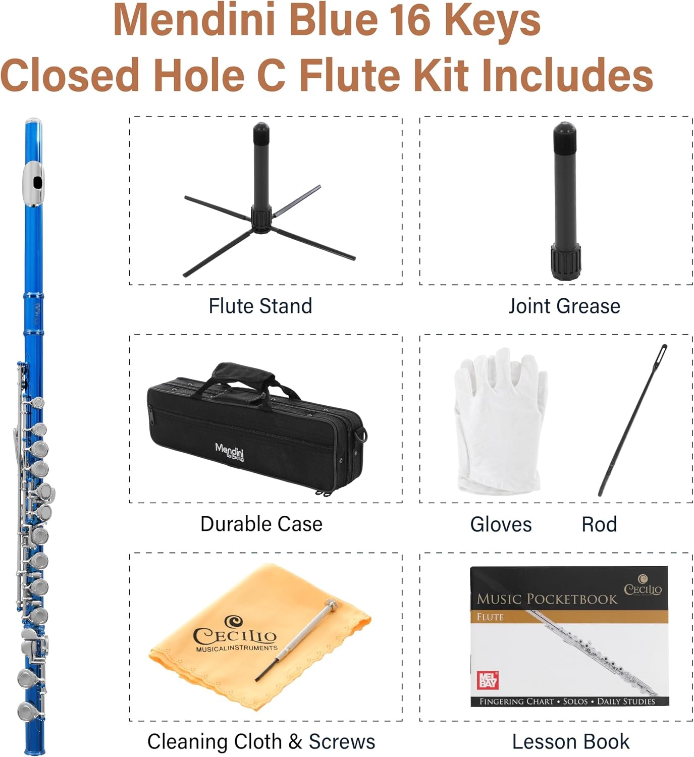 image:imageMendini by Cecilio 16 Keys Closed Hole C Flute Kit for Beginners BlackBlue
