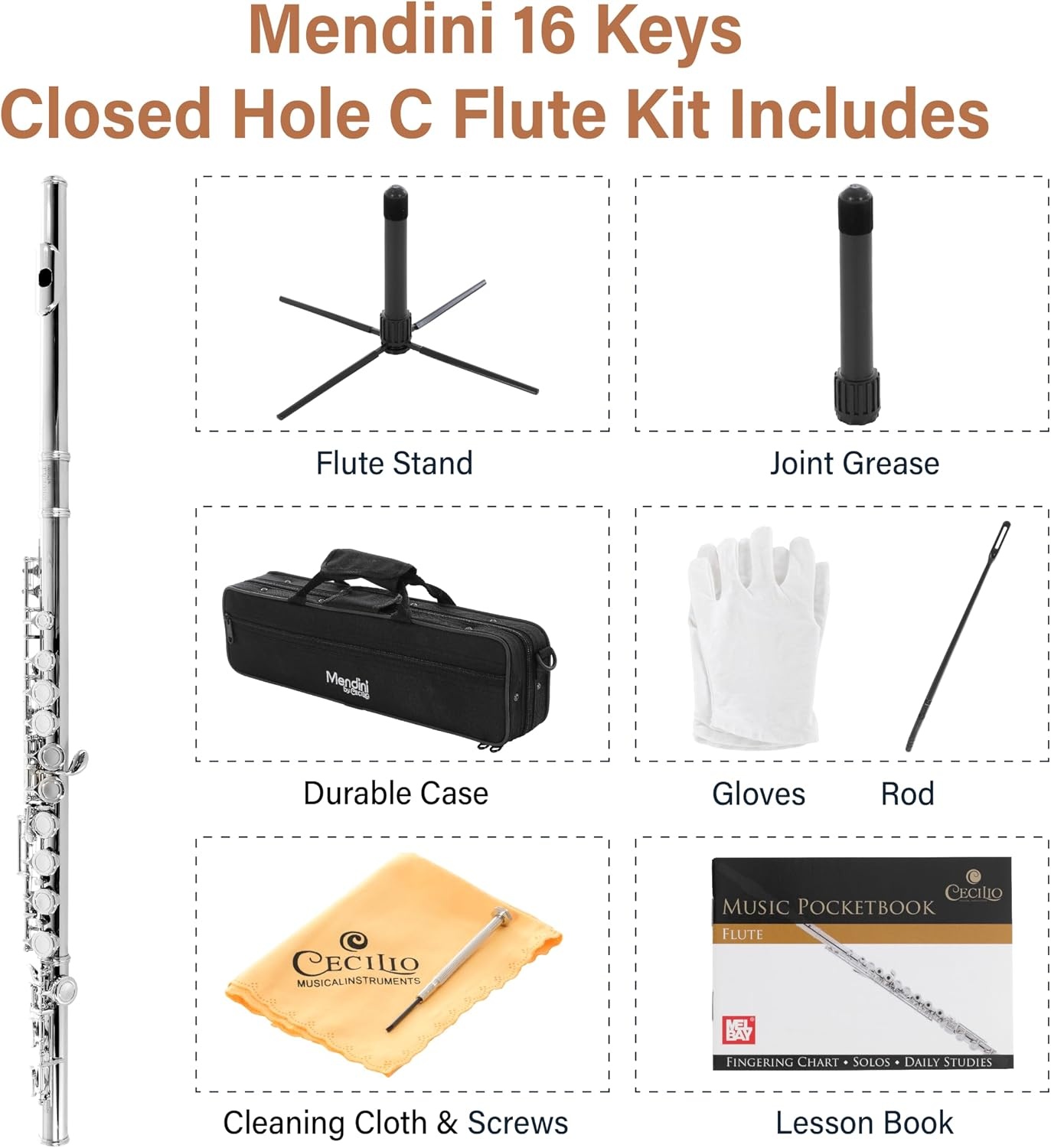 image:imageMendini by Cecilio 16 Keys Closed Hole C Flute Kit for Beginners BlackNickel