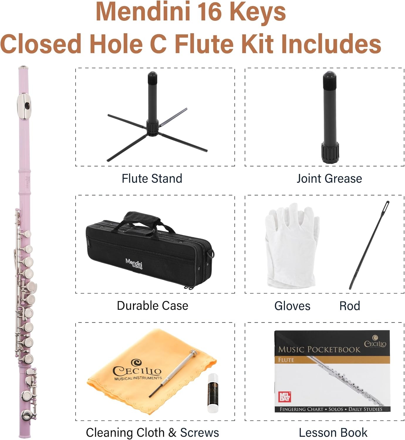 image:imageMendini by Cecilio 16 Keys Closed Hole C Flute Kit for Beginners BlackPINK