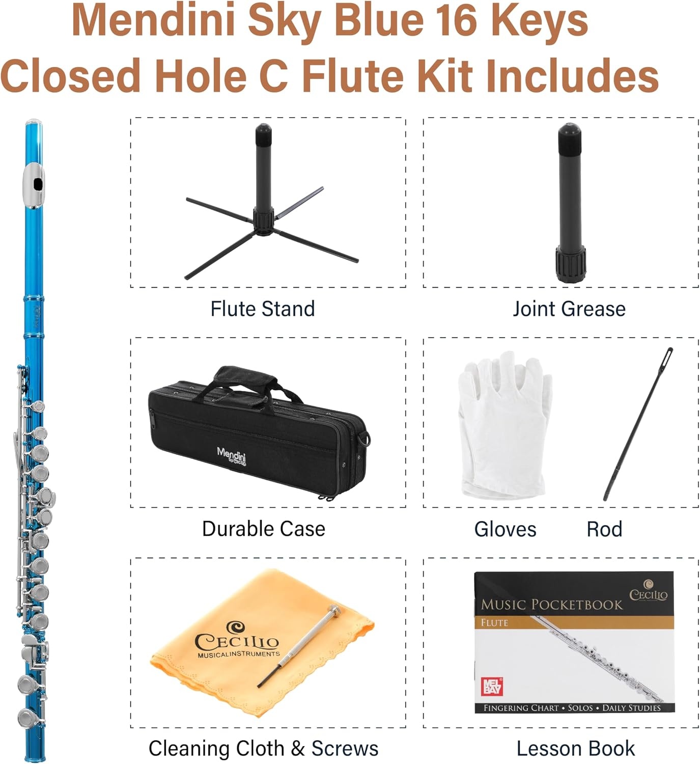 image:imageMendini by Cecilio 16 Keys Closed Hole C Flute Kit for Beginners BlackSky Blue