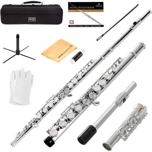 Mendini by Cecilio 16 Keys Closed Hole C Flute Kit for Beginners – Black(Silver)