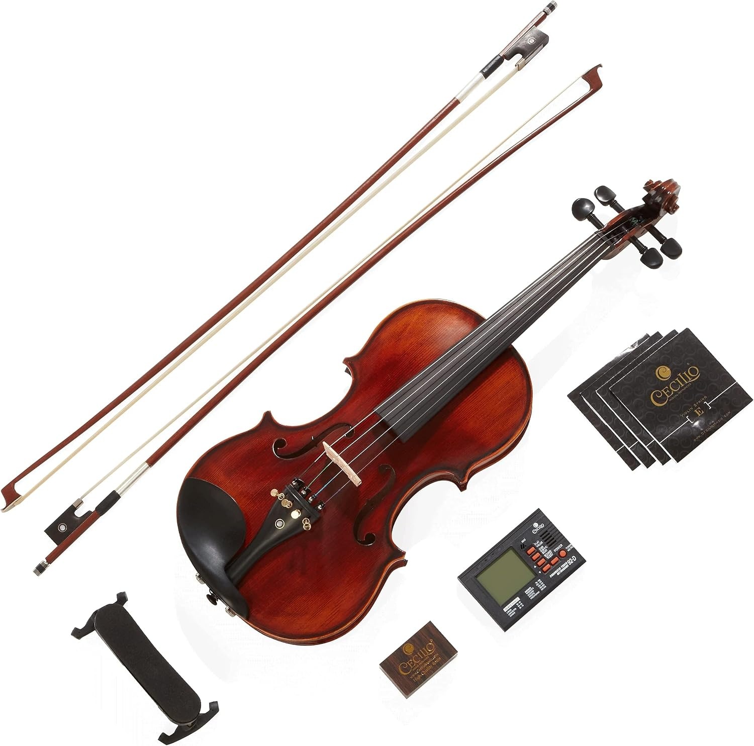 image:imageMendini By Cecilio 12 Violin Set For Beginners Black Solid Wood Acoustic Violins Set with Hard Case Tuner Shoulder Rest 2 Bows Rosin Bridge amp Strings Flamed12