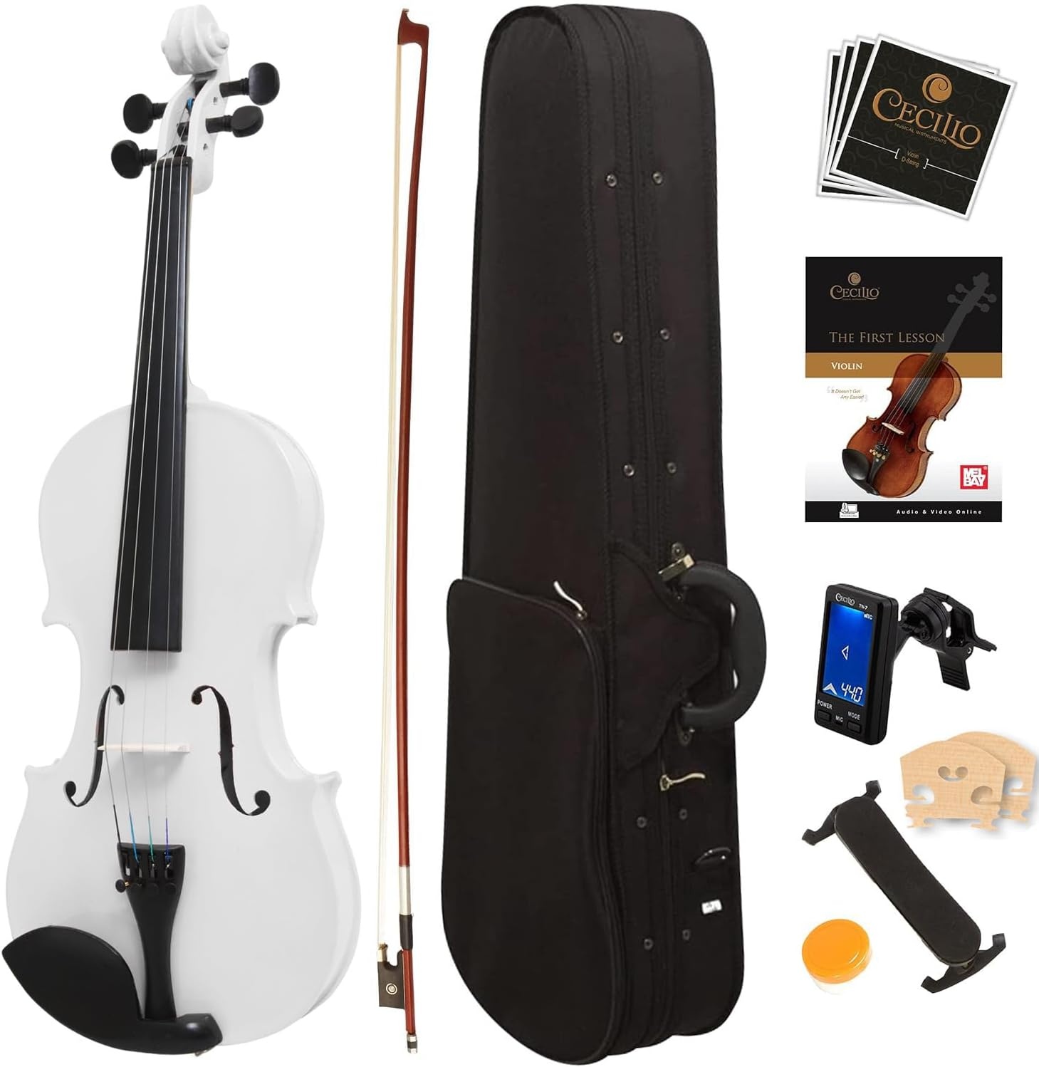image:imageMendini By Cecilio 34 Violin Set For Beginners Fiddle Solidwood Kit with Hard Case Acoustic Violin with Bow Rosin Tuner Extra Strings amp Bridge Shoulder Rest and Lesson Book Satin AntiqueWhite