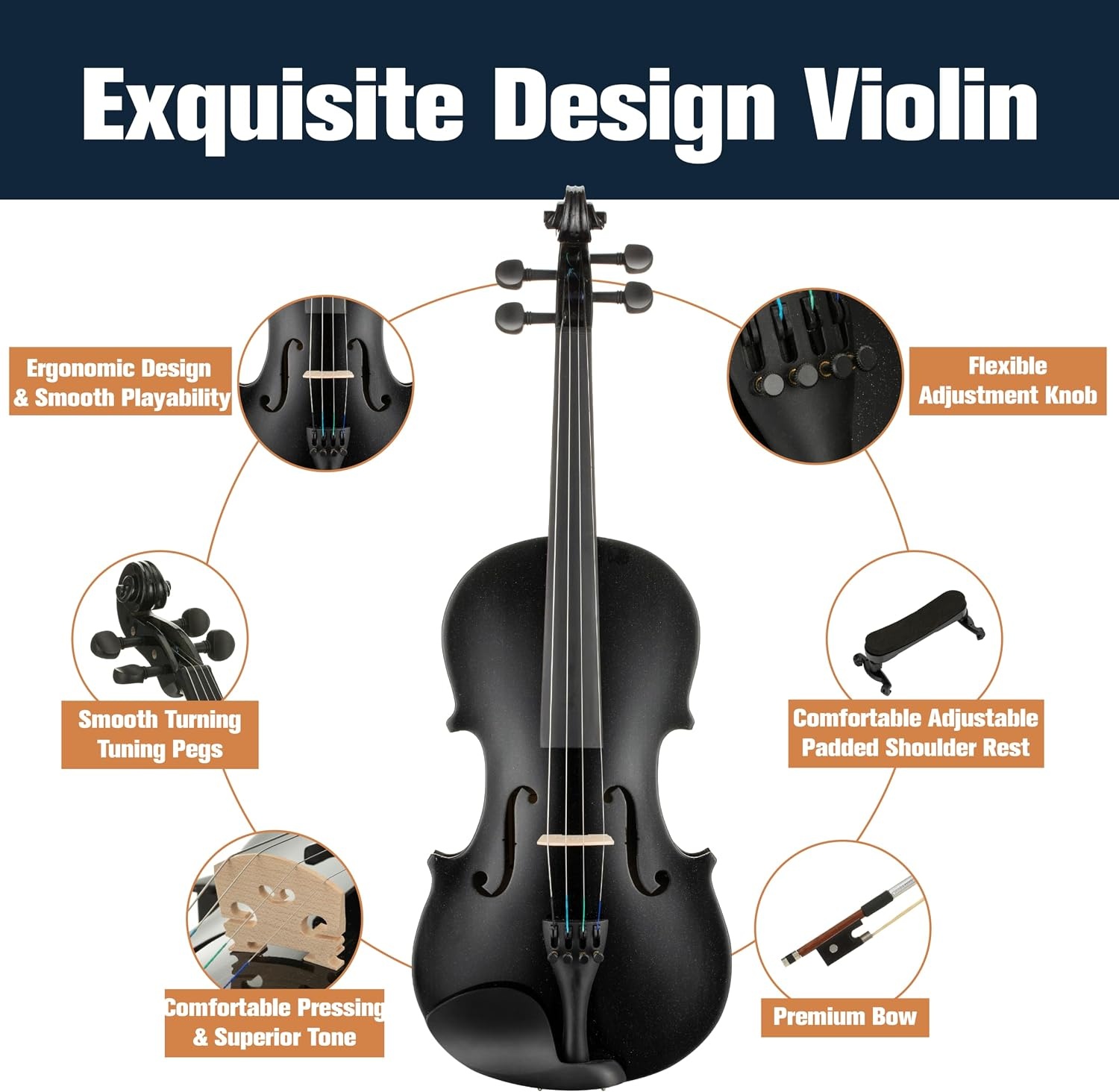 image:imageMendini By Cecilio 34 Violin Set For Beginners Fiddle Solidwood Kit with Hard Case Acoustic Violin with Bow Rosin Tuner Extra Strings amp Bridge Shoulder Rest and Lesson Book Satin AntiqueBlack