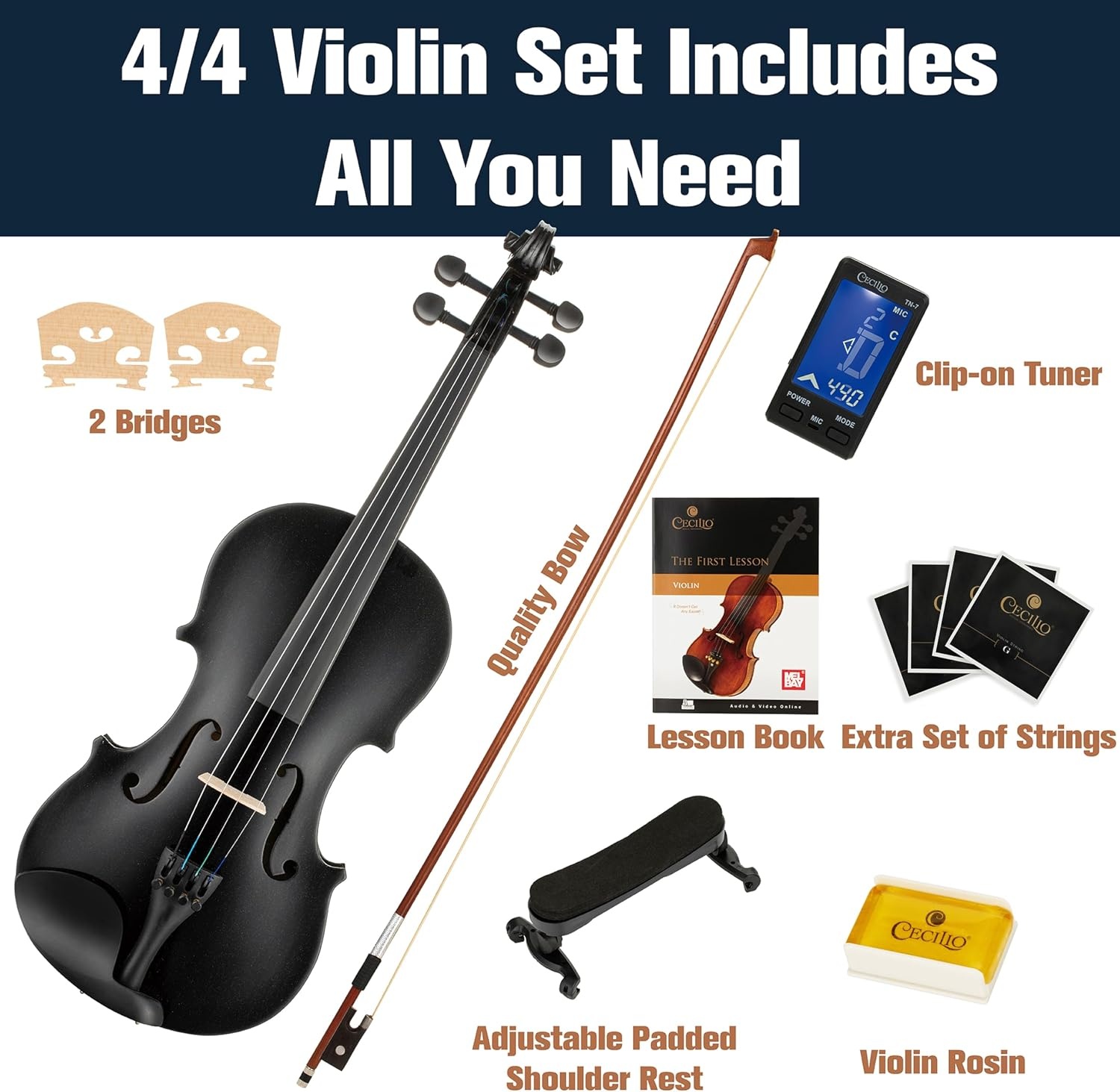 image:imageMendini By Cecilio 34 Violin Set For Beginners Fiddle Solidwood Kit with Hard Case Acoustic Violin with Bow Rosin Tuner Extra Strings amp Bridge Shoulder Rest and Lesson Book Satin AntiqueBlack