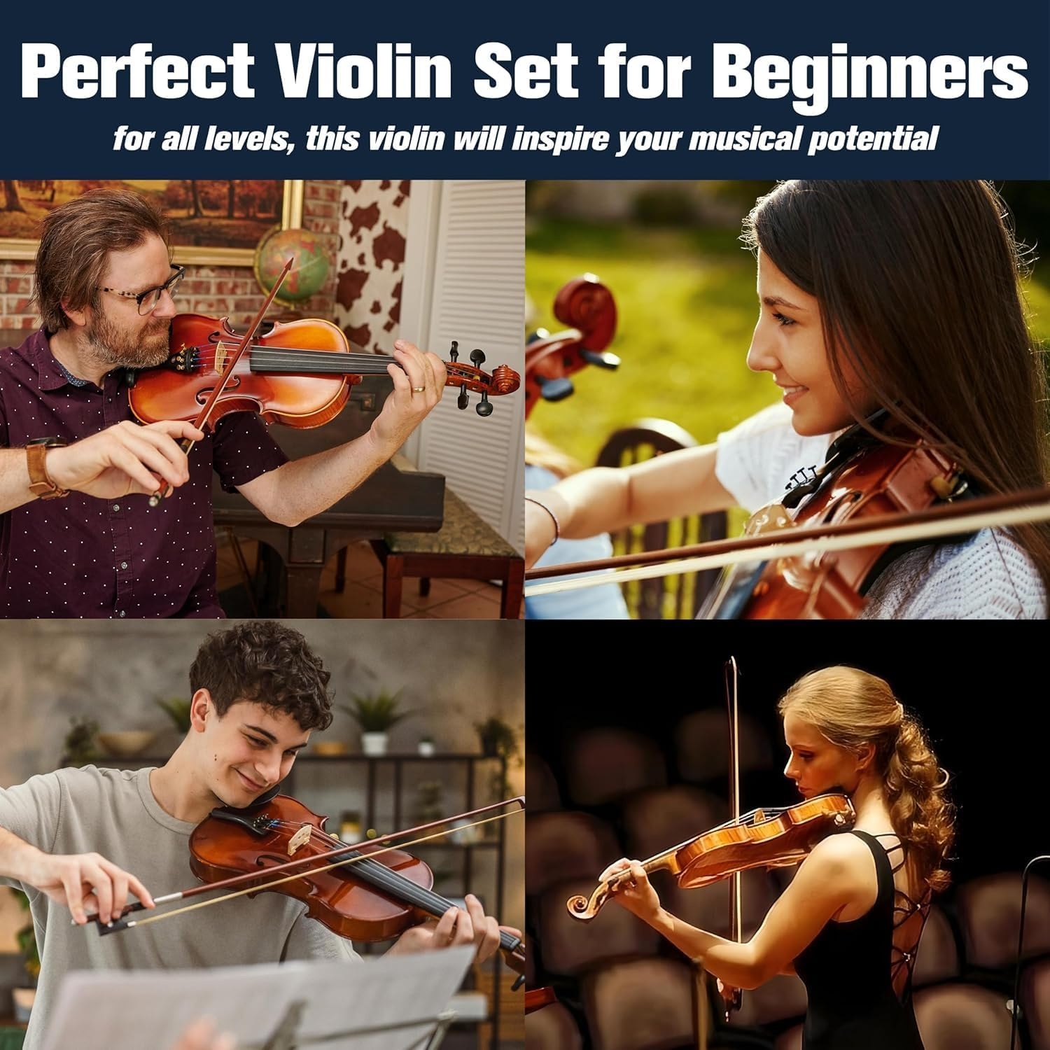 image:imageMendini By Cecilio 34 Violin Set For Beginners Fiddle Solidwood Kit with Hard Case Acoustic Violin with Bow Rosin Tuner Extra Strings amp Bridge Shoulder Rest and Lesson Book Satin AntiqueWhite