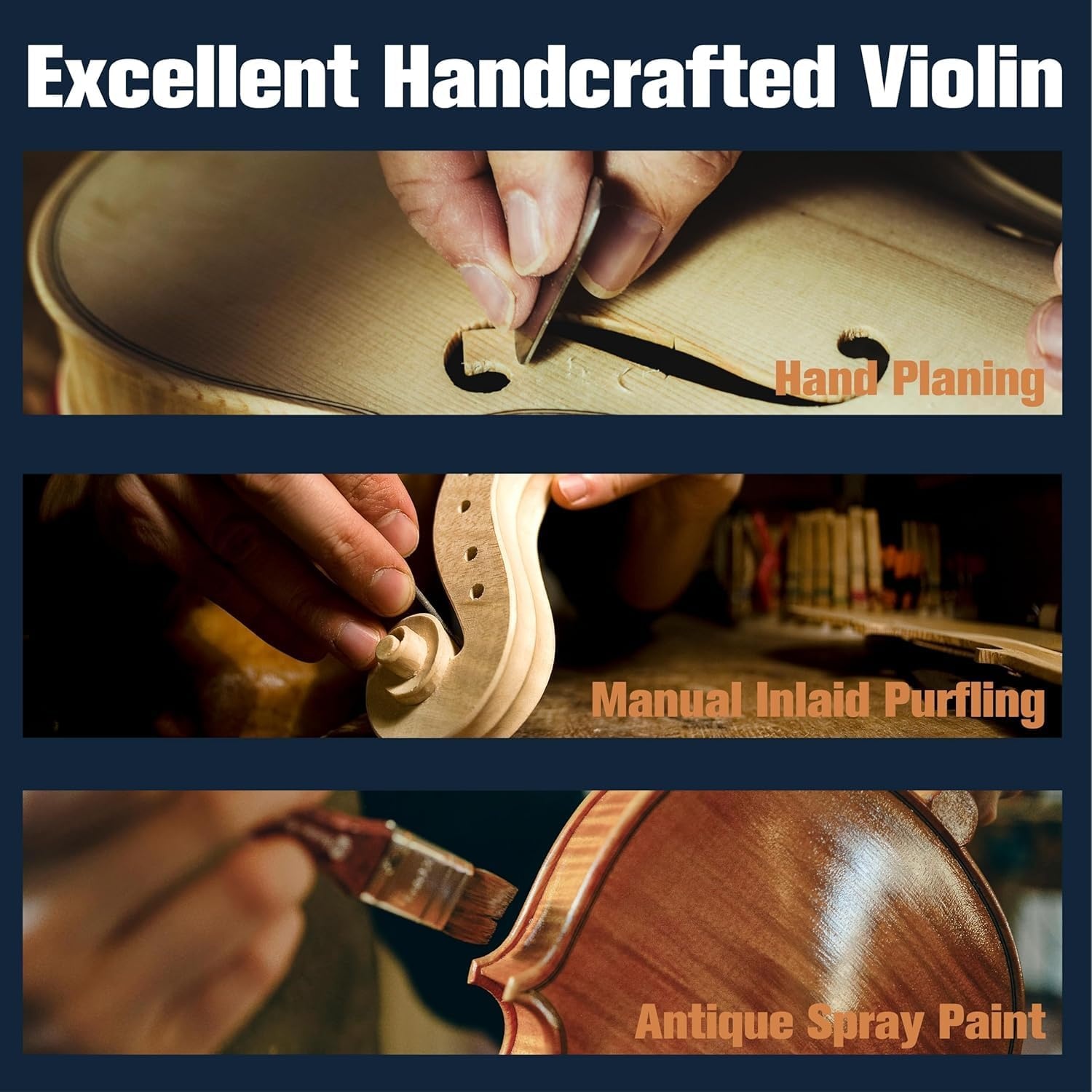 image:imageMendini By Cecilio 34 Violin Set For Beginners Fiddle Solidwood Kit with Hard Case Acoustic Violin with Bow Rosin Tuner Extra Strings amp Bridge Shoulder Rest and Lesson Book Satin AntiqueWhite