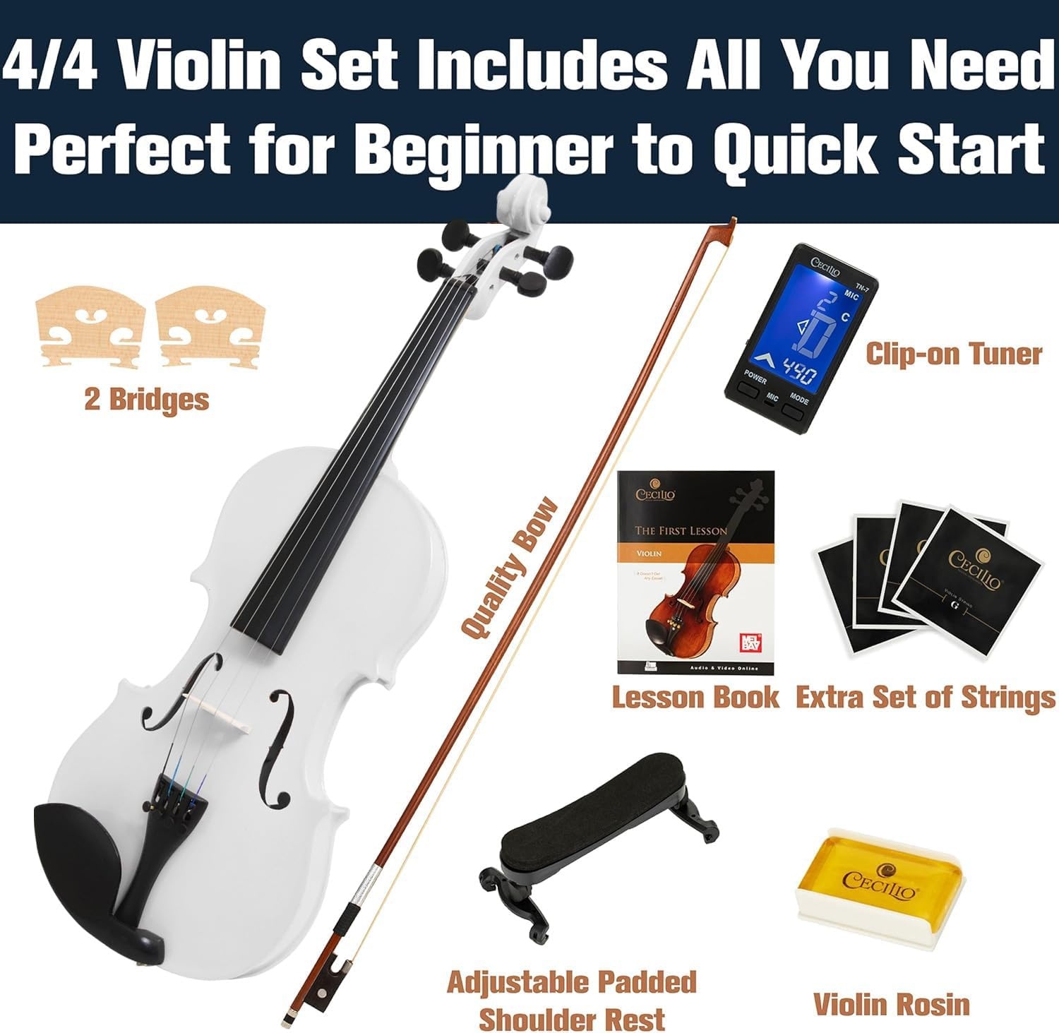 image:imageMendini By Cecilio 34 Violin Set For Beginners Fiddle Solidwood Kit with Hard Case Acoustic Violin with Bow Rosin Tuner Extra Strings amp Bridge Shoulder Rest and Lesson Book Satin AntiqueWhite