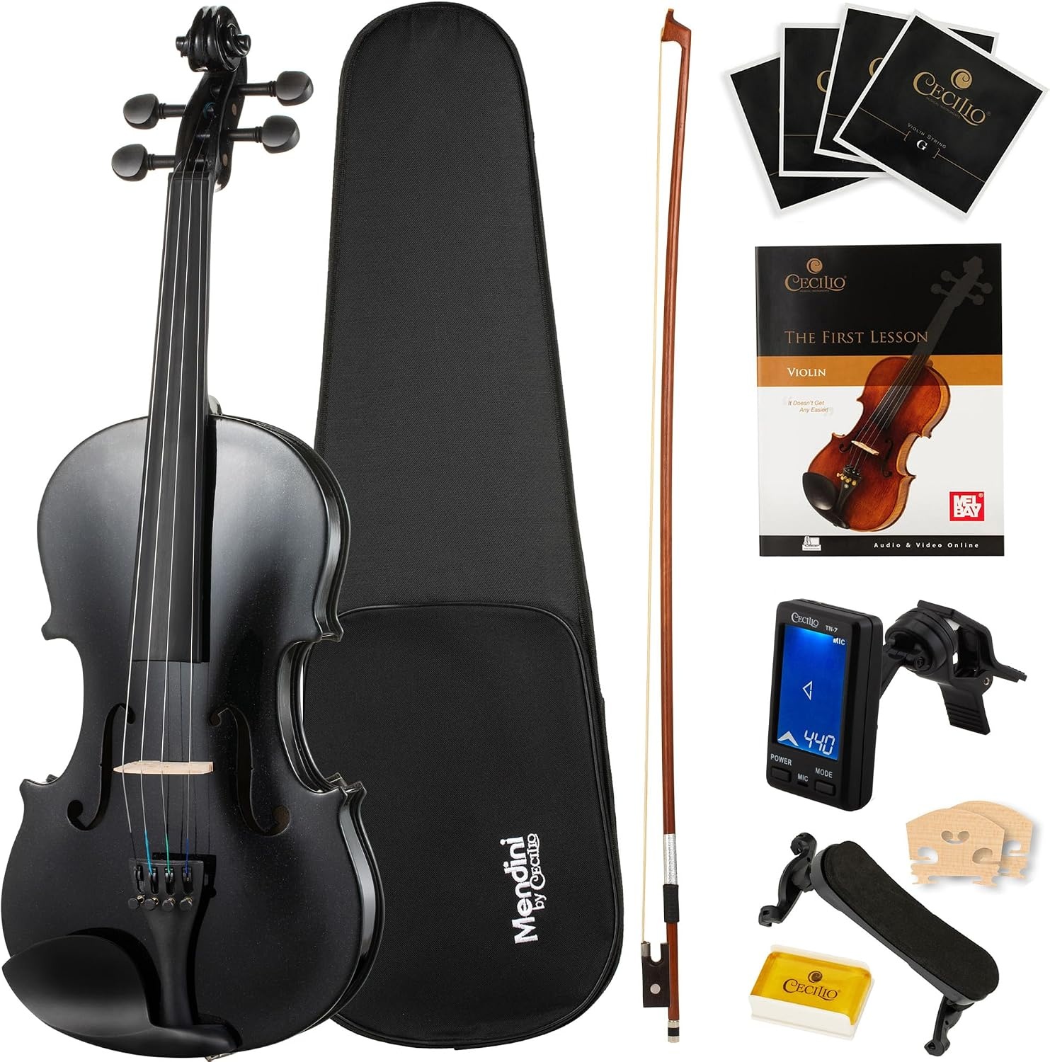 image:imageMendini By Cecilio 34 Violin Set For Beginners Fiddle Solidwood Kit with Hard Case Acoustic Violin with Bow Rosin Tuner Extra Strings amp Bridge Shoulder Rest and Lesson Book Satin AntiqueBlack