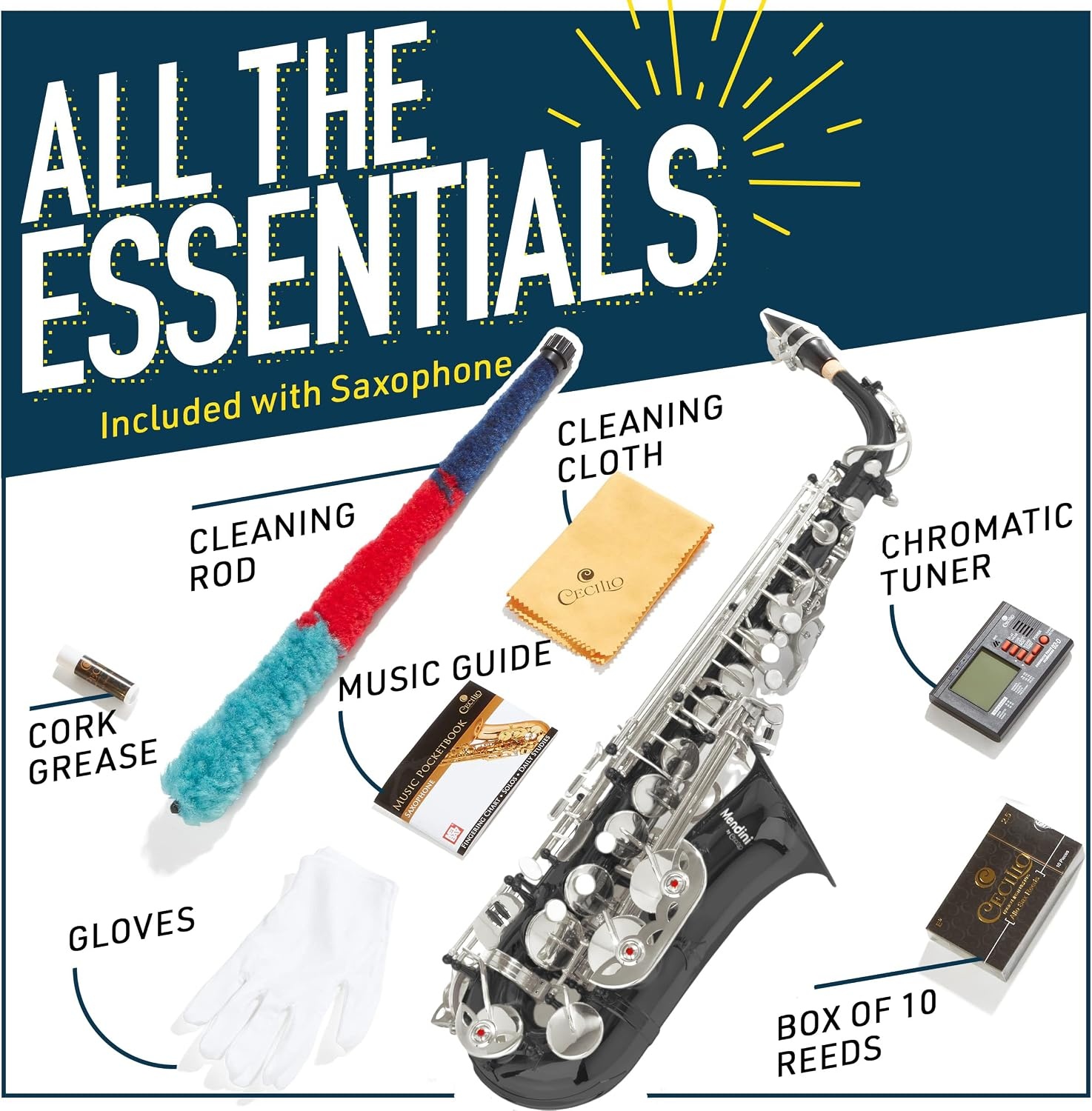 image:imageMendini By Cecilio Eb Alto Saxophone Kit for Beginner Black SilverBlack Nickel