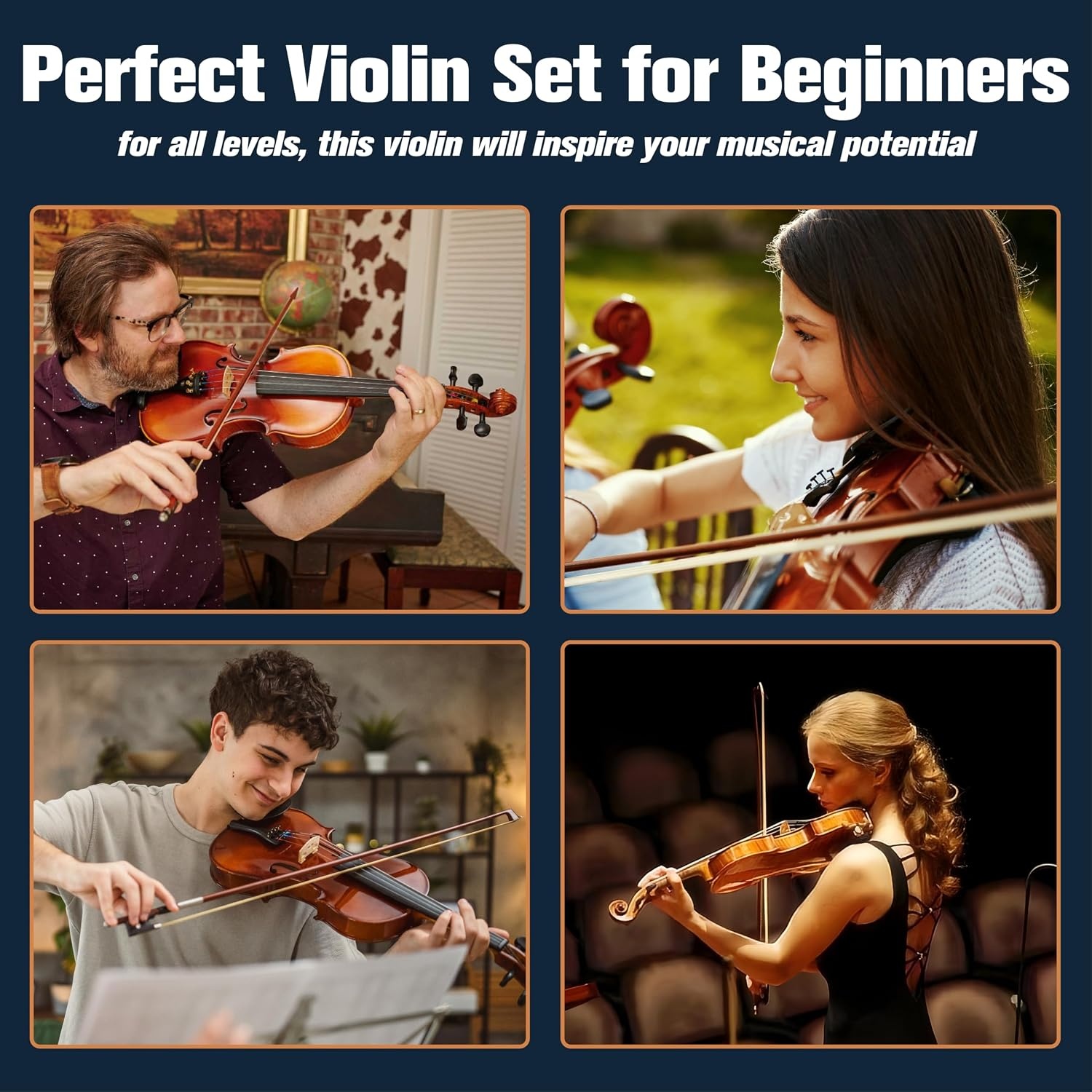 image:imageMendini by Cecilio 34 Violin Set For Beginners Hand Carved Acoustic Violins Kit Fiddle Solid Wood Kit with Hard Case Bow Rosin Shoulder Rest Bridge and Extra StringsSatin Antique