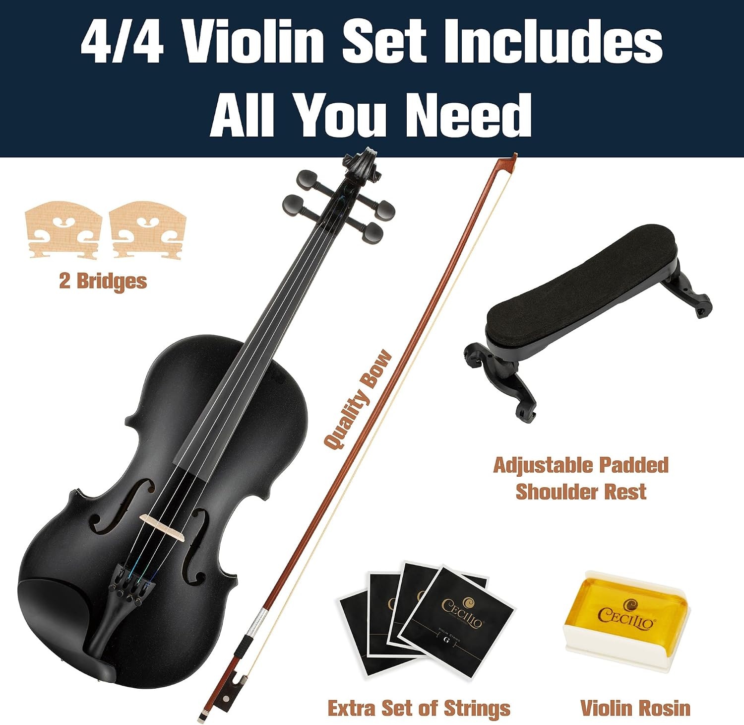 image:imageMendini by Cecilio 34 Violin Set For Beginners Hand Carved Acoustic Violins Kit Fiddle Solid Wood Kit with Hard Case Bow Rosin Shoulder Rest Bridge and Extra StringsBlack