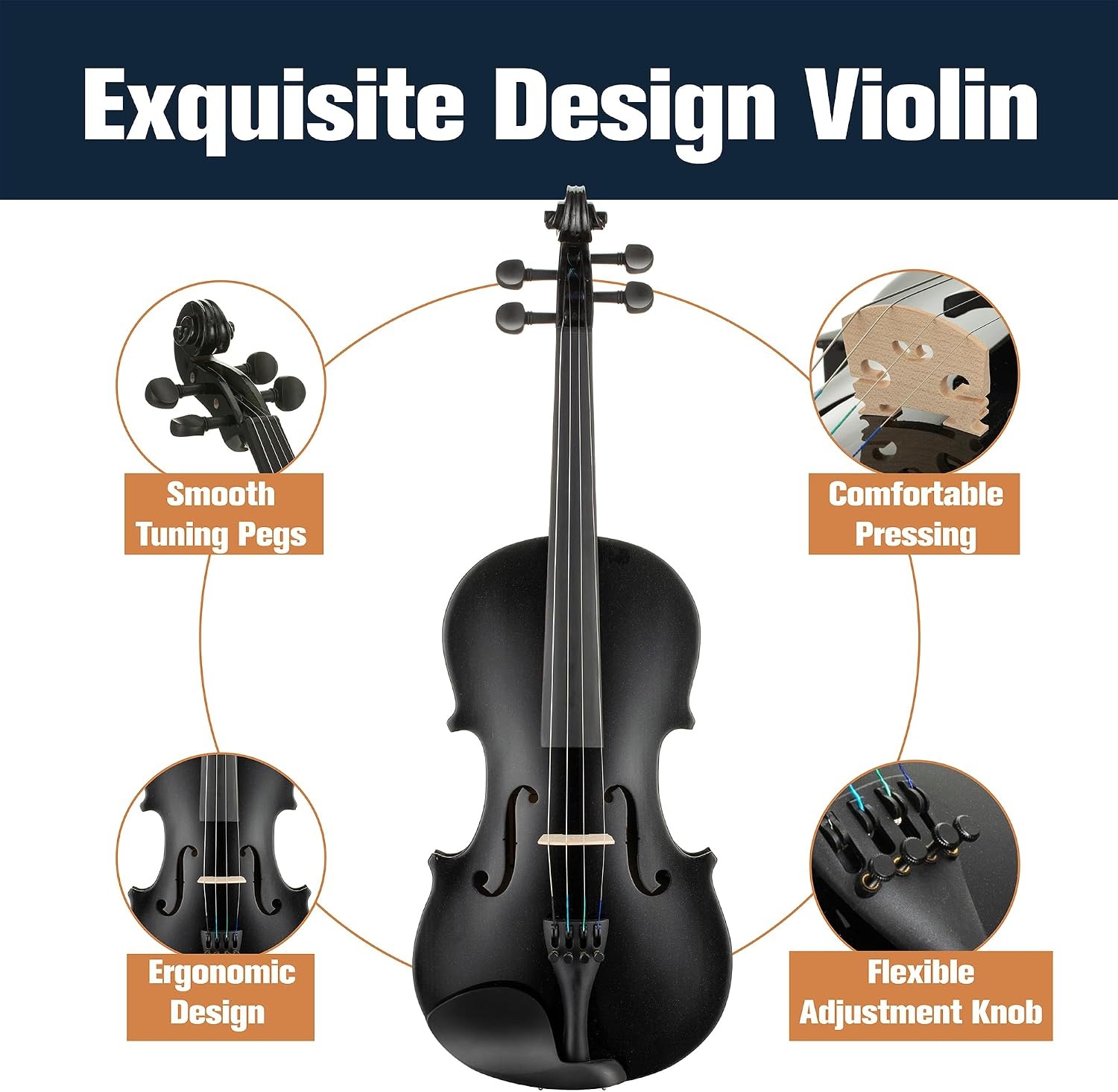 image:imageMendini by Cecilio 34 Violin Set For Beginners Hand Carved Acoustic Violins Kit Fiddle Solid Wood Kit with Hard Case Bow Rosin Shoulder Rest Bridge and Extra StringsBlack
