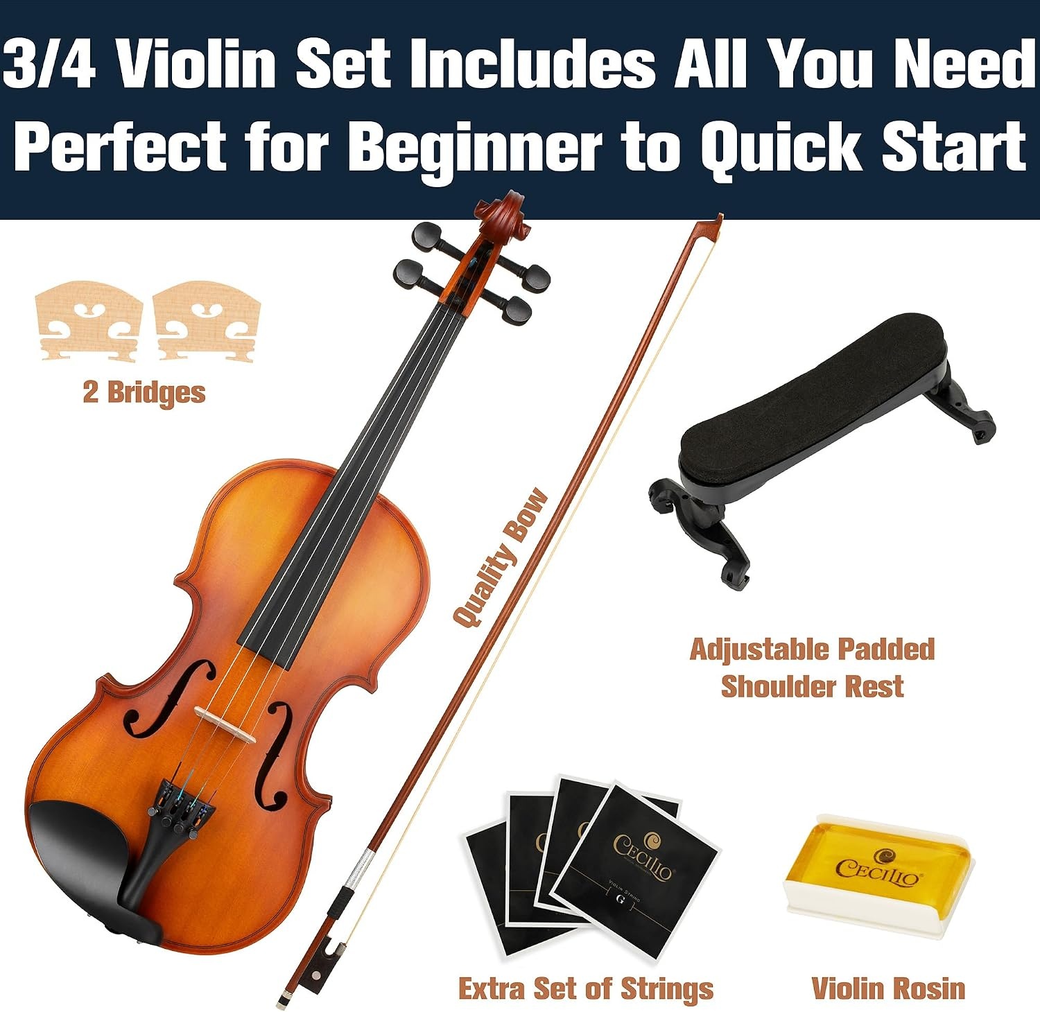 image:imageMendini by Cecilio 34 Violin Set For Beginners Hand Carved Acoustic Violins Kit Fiddle Solid Wood Kit with Hard Case Bow Rosin Shoulder Rest Bridge and Extra StringsSatin Antique