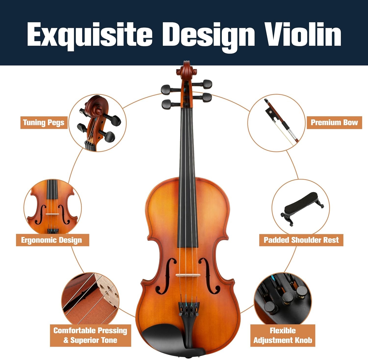 image:imageMendini by Cecilio 34 Violin Set For Beginners Hand Carved Acoustic Violins Kit Fiddle Solid Wood Kit with Hard Case Bow Rosin Shoulder Rest Bridge and Extra StringsSatin Antique