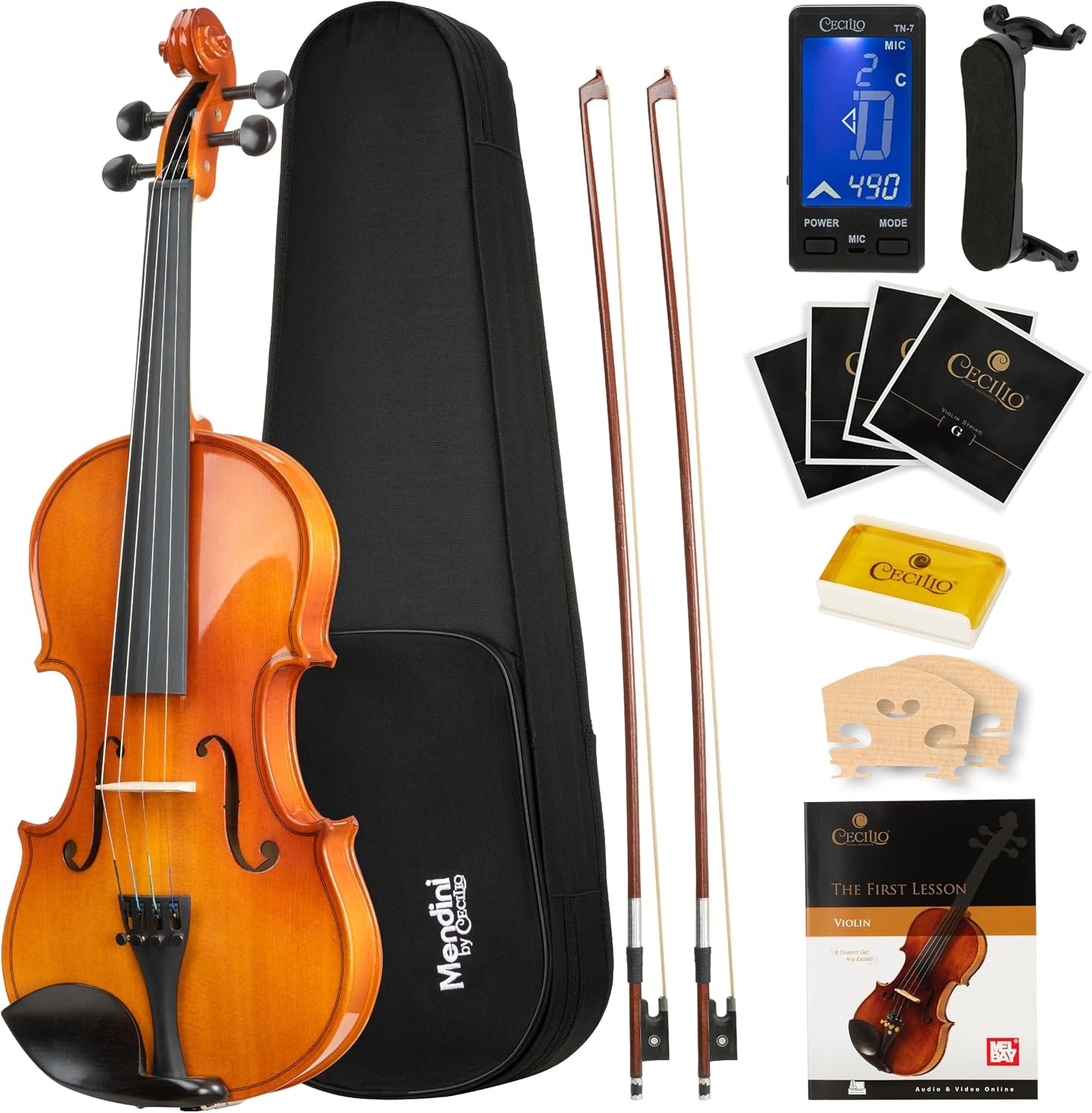image:imageMendini by Cecilio 34 Violin Set For Beginners Hand Carved Acoustic Violins Set Fiddle Solidwood Kit with Hard Case Two Bows Tuner Rosin Shoulder Rest Extra Strings Lesson BookVarnish