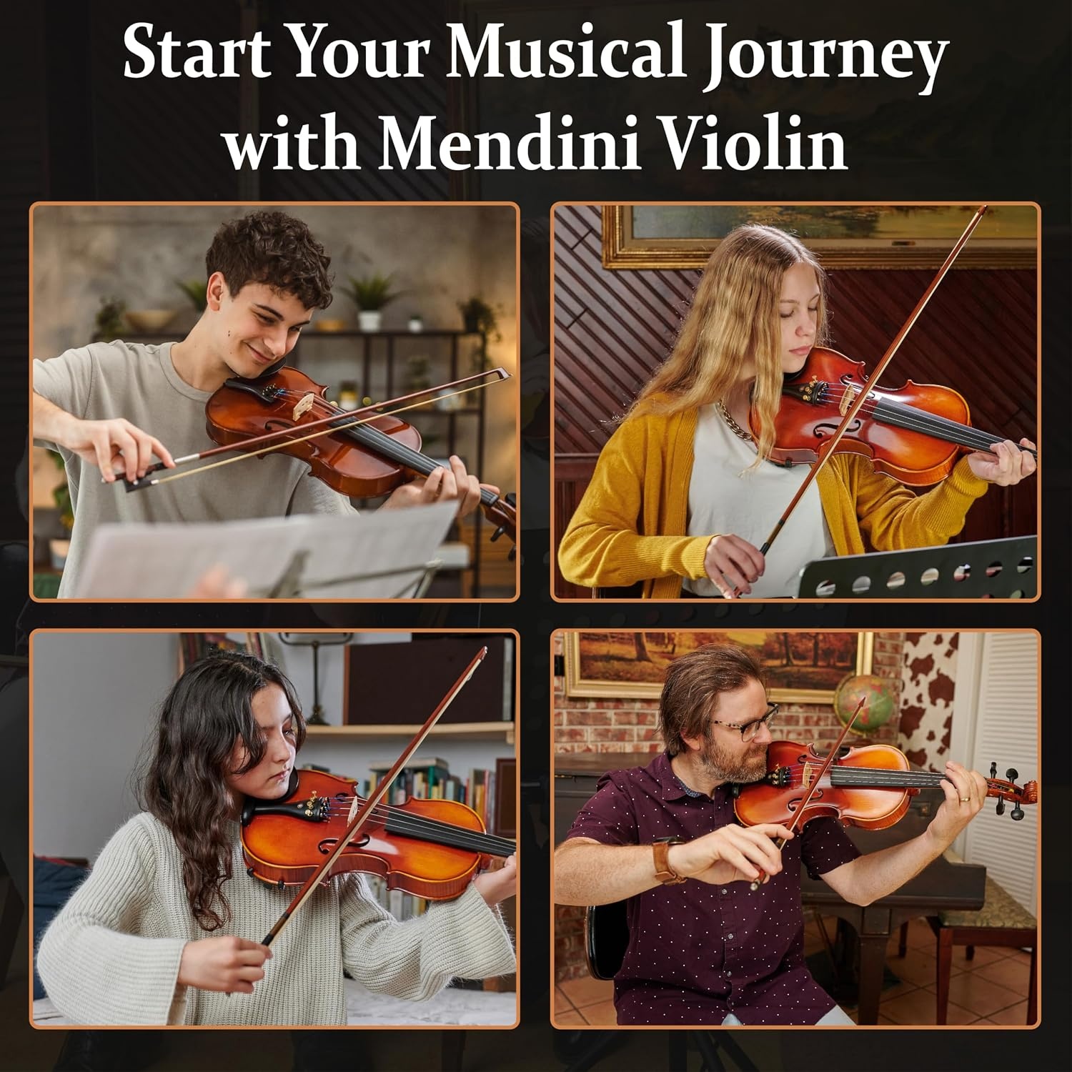 image:imageMendini by Cecilio 34 Violin Set For Beginners Hand Carved Acoustic Violins Set Fiddle Solidwood Kit with Hard Case Two Bows Tuner Rosin Shoulder Rest Extra Strings Lesson BookVarnish
