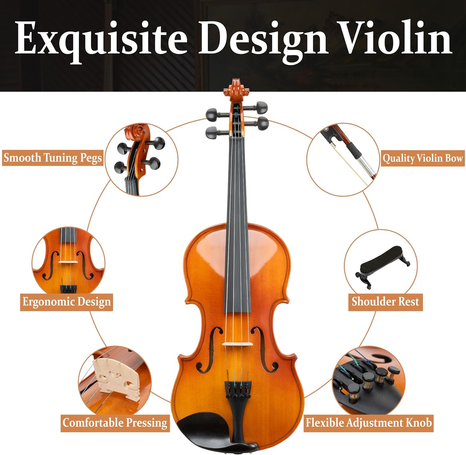 image:imageMendini by Cecilio 34 Violin Set For Beginners Hand Carved Acoustic Violins Set Fiddle Solidwood Kit with Hard Case Two Bows Tuner Rosin Shoulder Rest Extra Strings Lesson BookVarnish