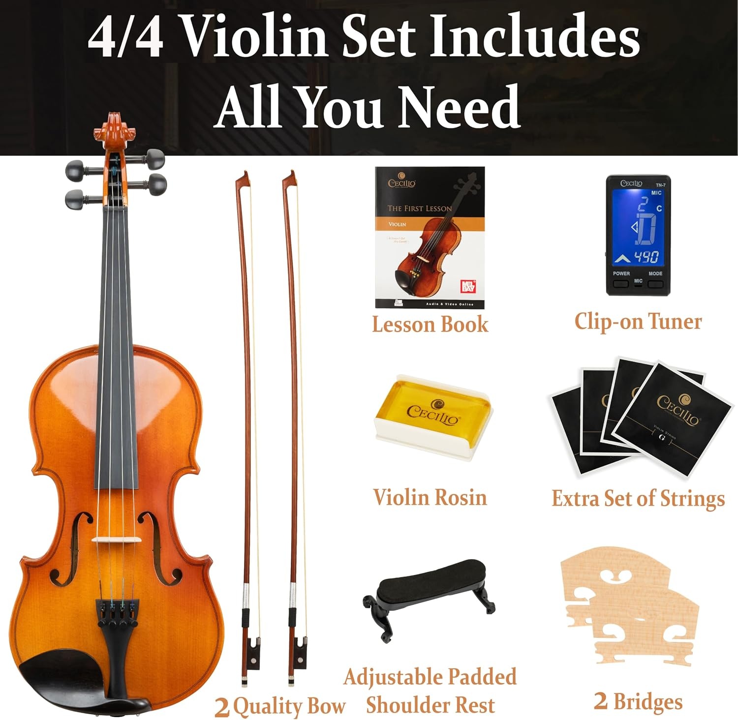 image:imageMendini by Cecilio 34 Violin Set For Beginners Hand Carved Acoustic Violins Set Fiddle Solidwood Kit with Hard Case Two Bows Tuner Rosin Shoulder Rest Extra Strings Lesson BookVarnish