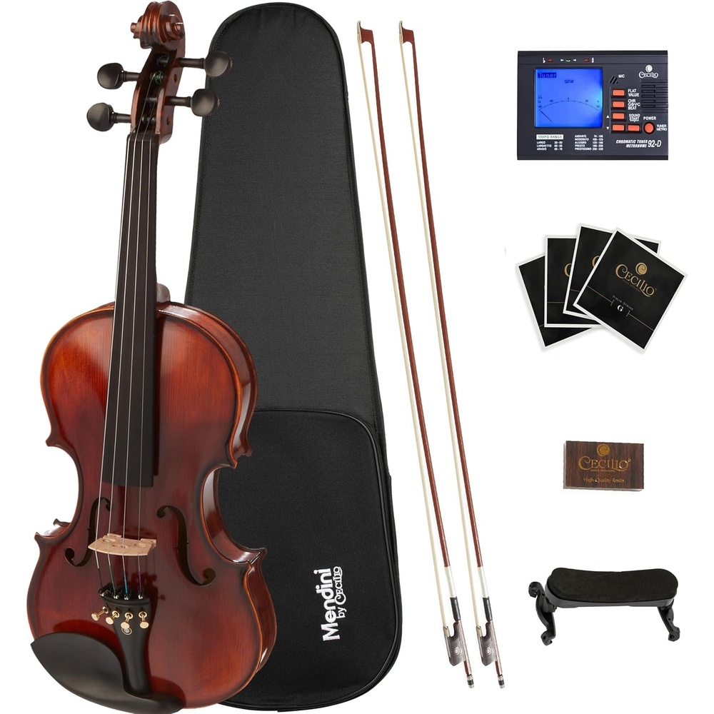 image:imageMendini By Cecilio 12 Violin Set For Beginners Black Solid Wood Acoustic Violins Set with Hard Case Tuner Shoulder Rest 2 Bows Rosin Bridge amp Strings Flamed44