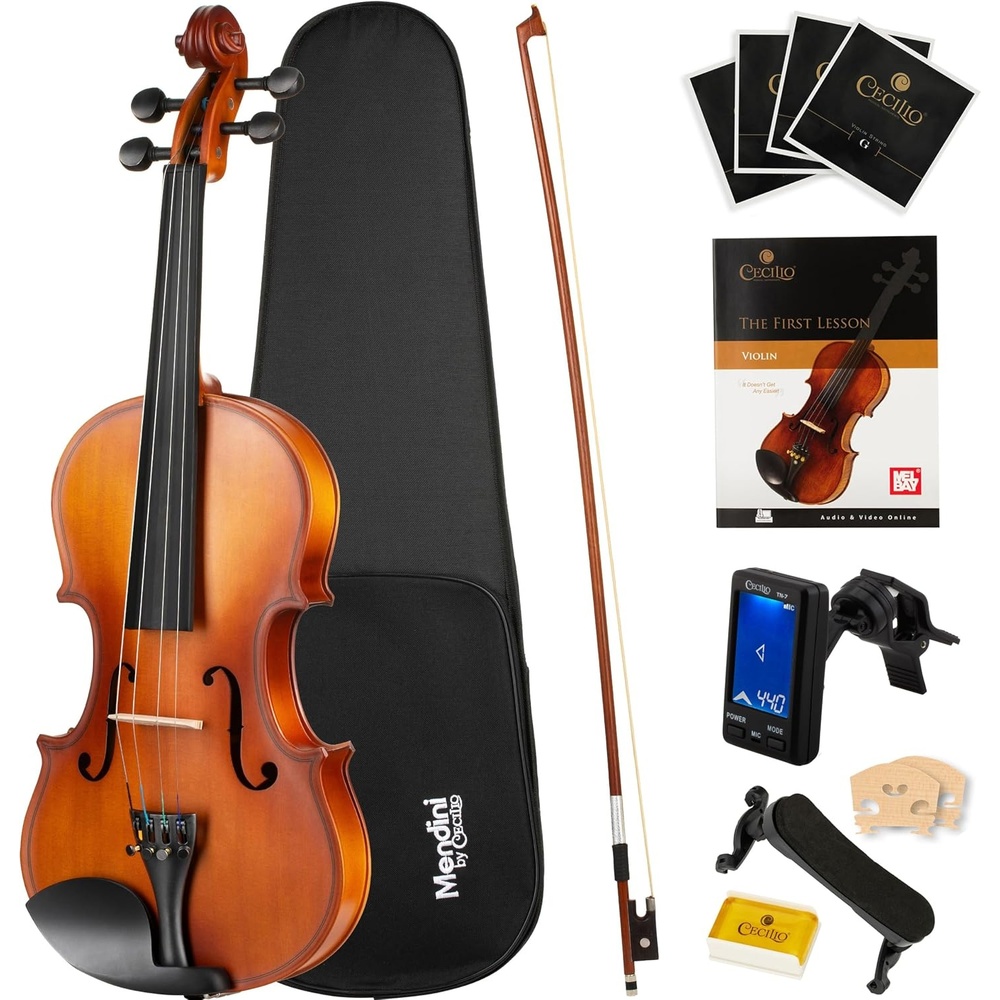 image:imageMendini By Cecilio 34 Violin Set For Beginners Fiddle Solidwood Kit with Hard Case Acoustic Violin with Bow Rosin Tuner Extra Strings amp Bridge Shoulder Rest and Lesson Book Satin AntiqueSatin Antique
