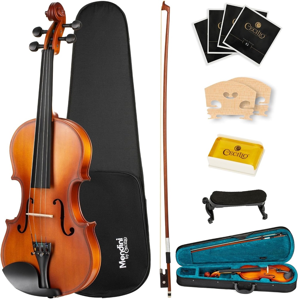 image:imageMendini by Cecilio 34 Violin Set For Beginners Hand Carved Acoustic Violins Kit Fiddle Solid Wood Kit with Hard Case Bow Rosin Shoulder Rest Bridge and Extra StringsSatin Antique