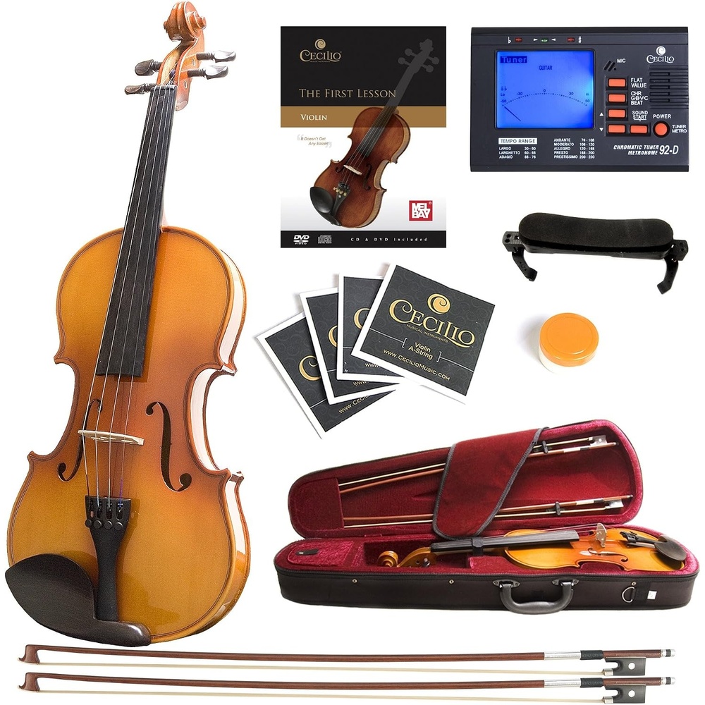 image:imageMendini by Cecilio 34 Violin Set For Beginners Hand Carved Acoustic Violins Set Fiddle Solidwood Kit with Hard Case Two Bows Tuner Rosin Shoulder Rest Extra Strings Lesson BookVarnish