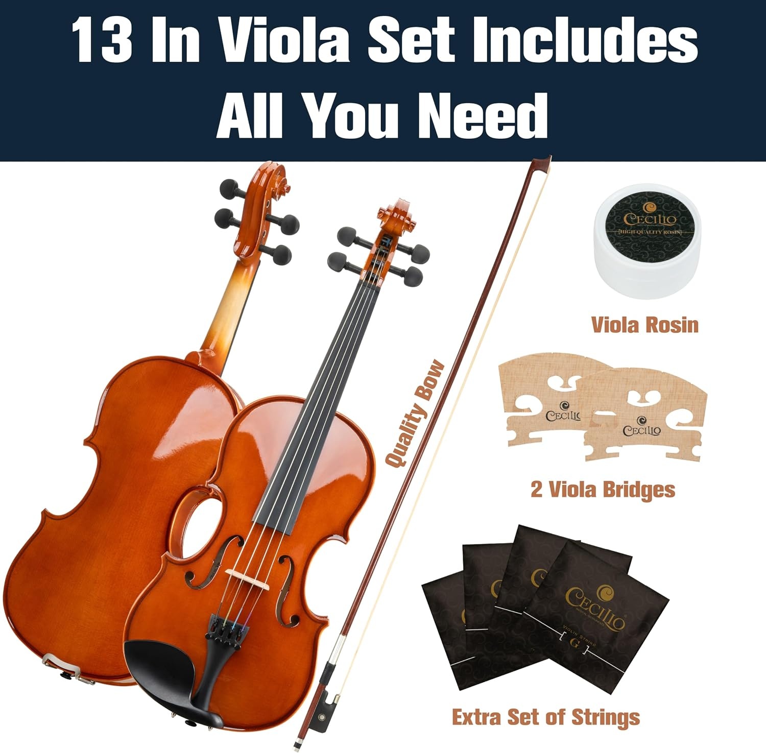 image:imageMendini by Cecilio 12 Inch Solid Wood Acoustic Viola Set Satin AntiqueNatural Varnish
