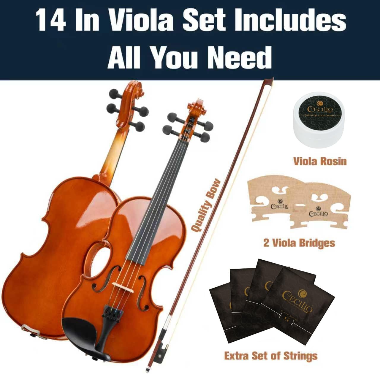 image:imageMendini by Cecilio 12 Inch Solid Wood Acoustic Viola Set Satin Antiquebrown