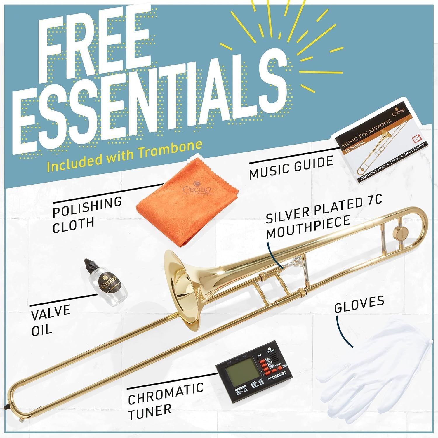 image:imageMendini by Cecilio Brass Plated Bb Tenor Slide Trombone Kit GoldGold Tuner