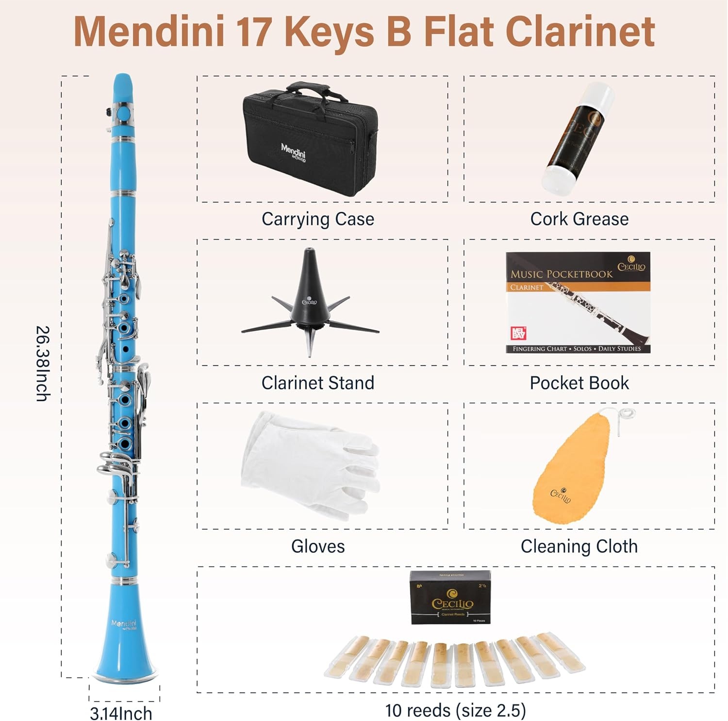 image:imageMendini by Cecilio Ebonite Bb Clarinet Kit for Beginner BlackLight Blue