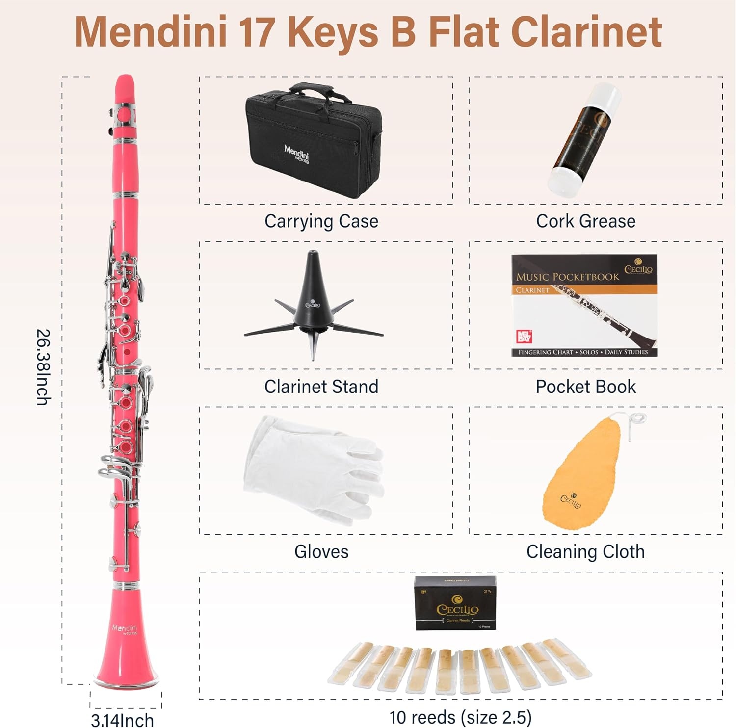image:imageMendini by Cecilio Ebonite Bb Clarinet Kit for Beginner BlackPink