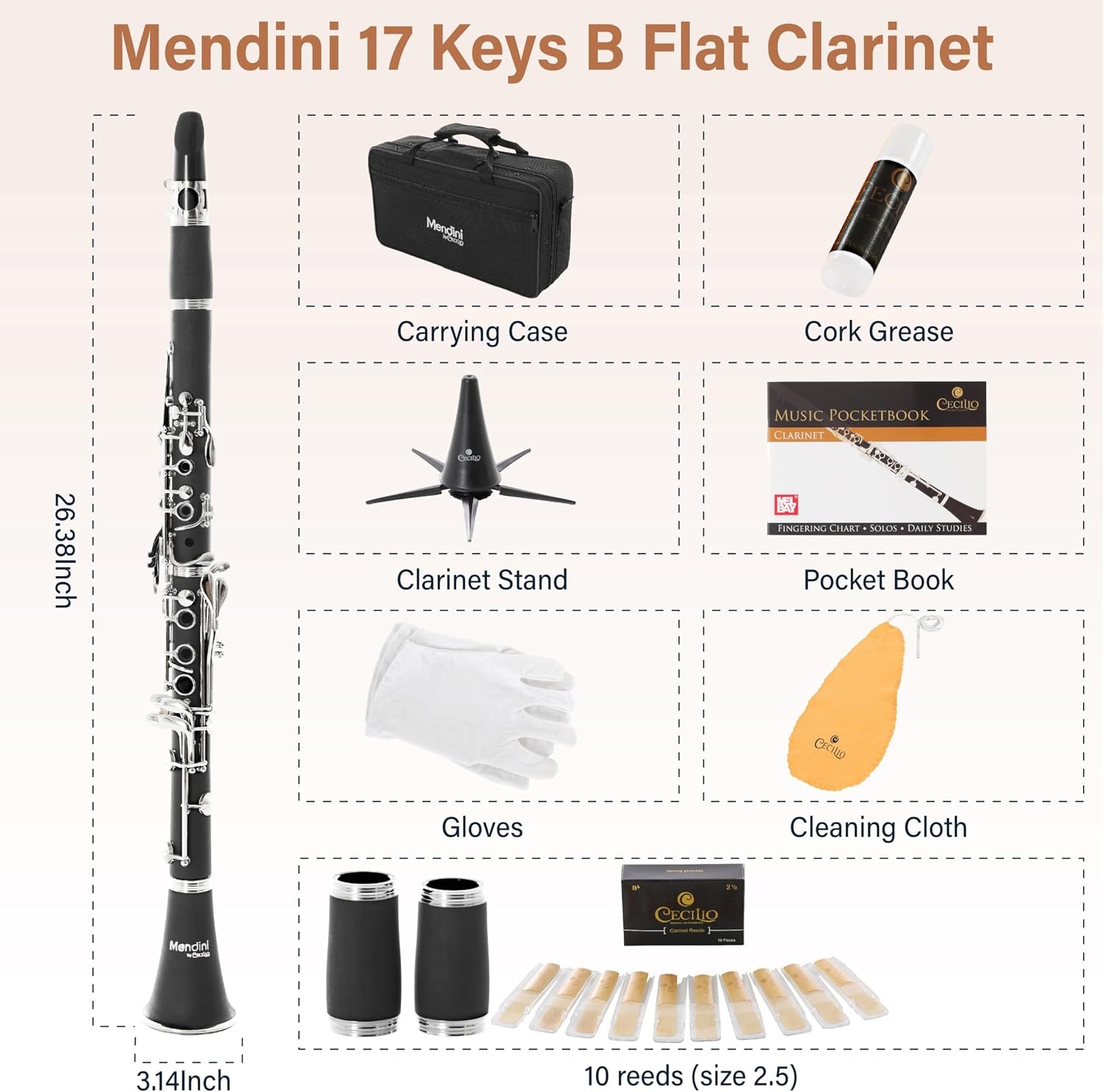 image:imageMendini by Cecilio Ebonite Bb Clarinet Kit with 2 Barrels BlackEbonite