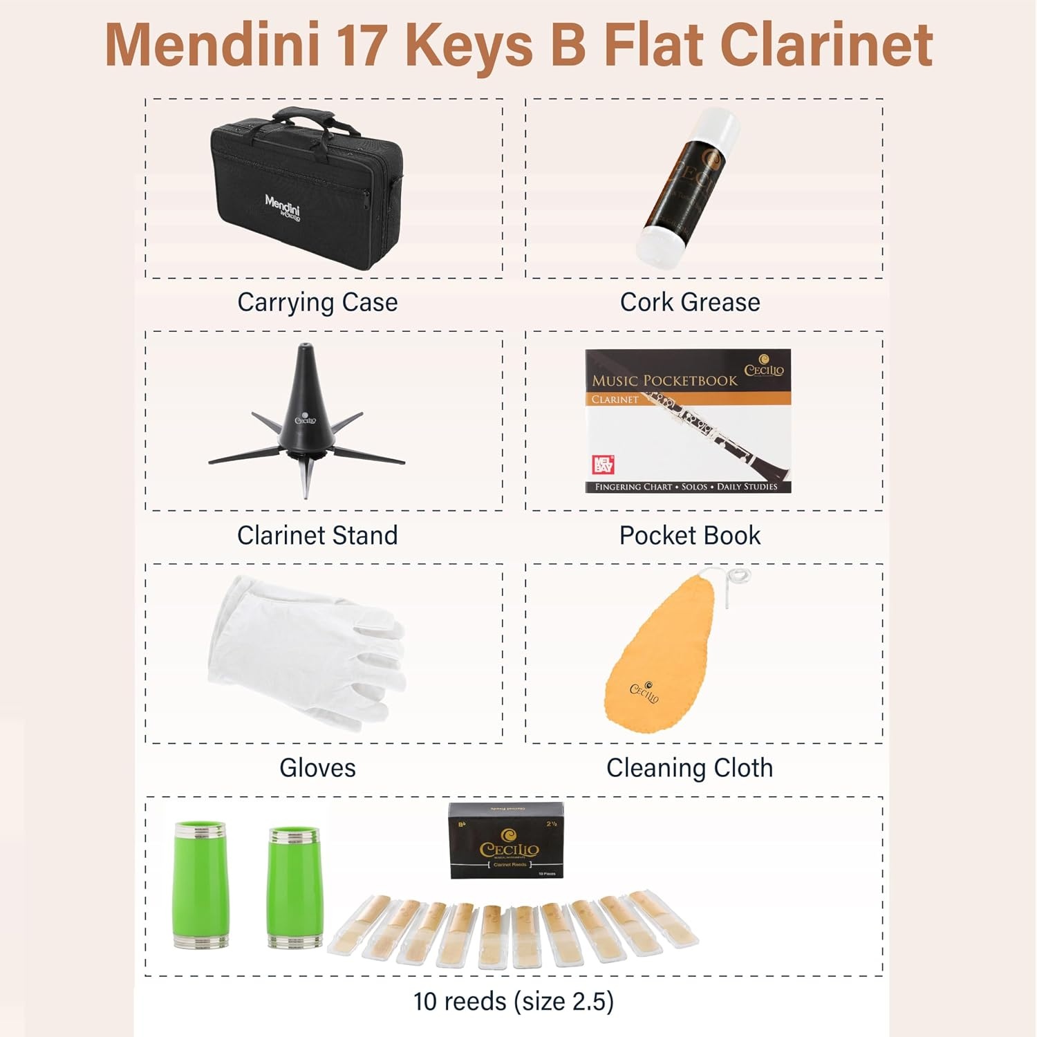 image:imageMendini by Cecilio Ebonite Bb Clarinet Kit with 2 Barrels BlackGreen