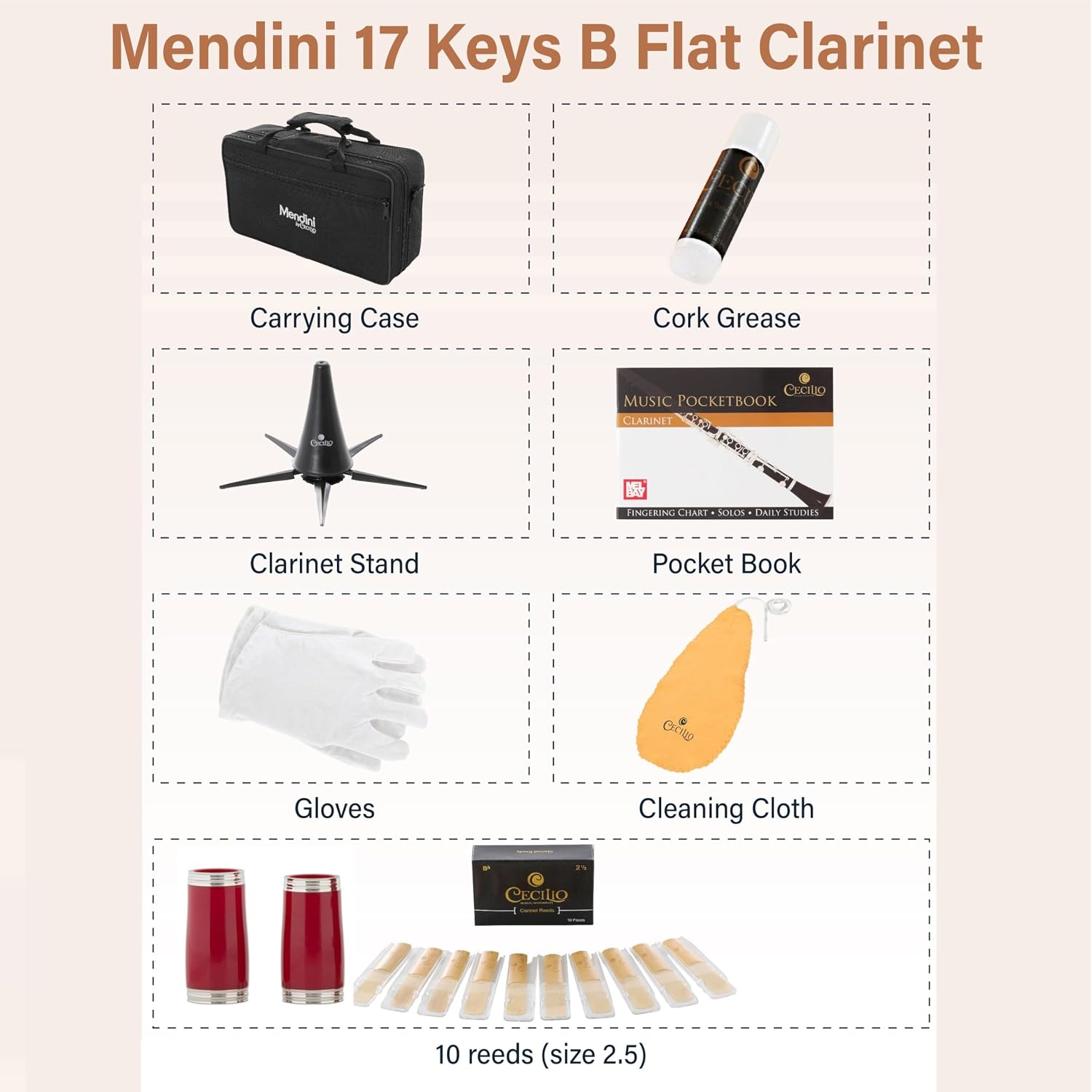 image:imageMendini by Cecilio Ebonite Bb Clarinet Kit with 2 Barrels BlackRed